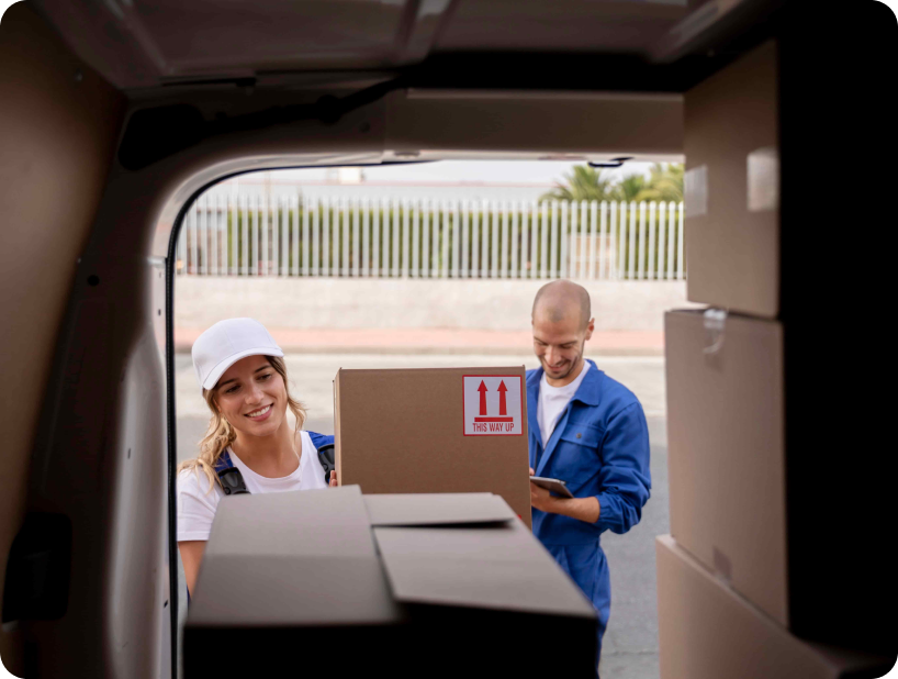 Un déménageur professionnel en uniforme orange soulevant un grand carton depuis un camion lors d’un déménagement d’objets lourds par une journée ensoleillée.