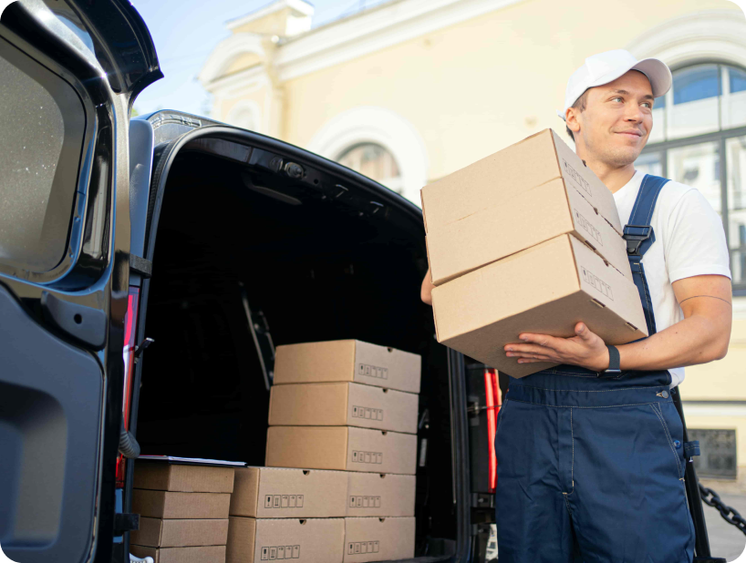 Un déménageur professionnel en uniforme orange soulevant un grand carton depuis un camion lors d’un déménagement d’objets lourds par une journée ensoleillée.