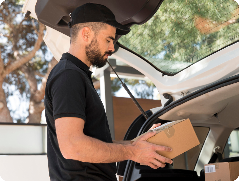 Un déménageur professionnel en uniforme orange soulevant un grand carton depuis un camion lors d’un déménagement d’objets lourds par une journée ensoleillée.