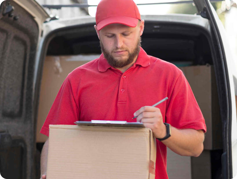 Un déménageur professionnel en uniforme orange soulevant un grand carton depuis un camion lors d’un déménagement d’objets lourds par une journée ensoleillée.
