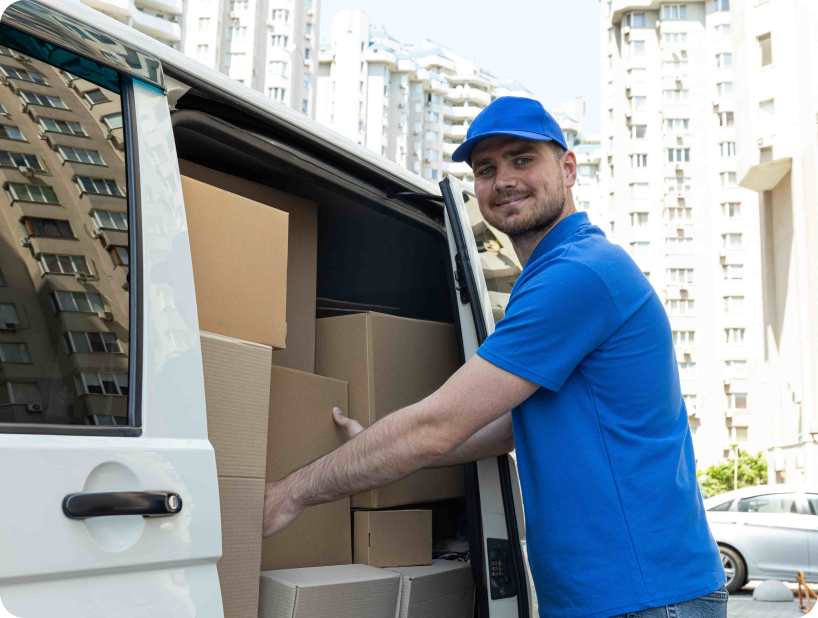 A professional mover in orange uniform lifts a large box from a truck during a move of heavy objects on a sunny day.