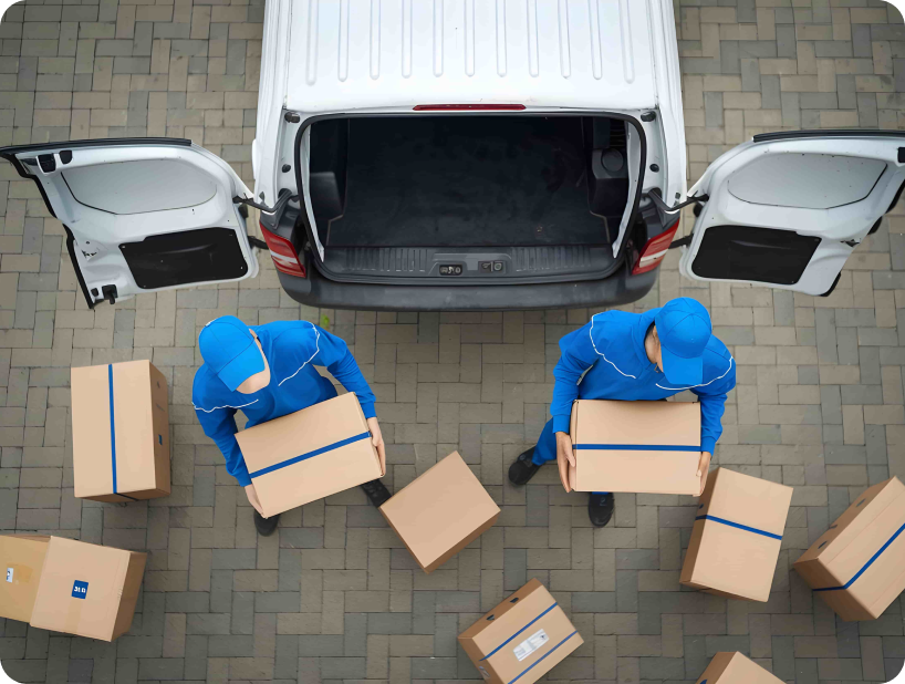 A professional mover in orange uniform lifts a large box from a truck during a move of heavy objects on a sunny day.