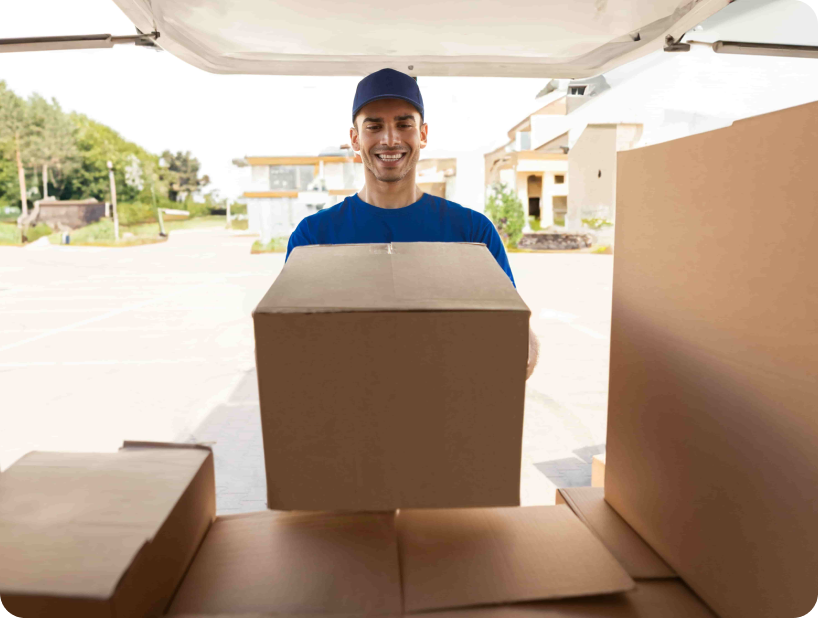 Un déménageur professionnel en uniforme orange soulevant un grand carton depuis un camion lors d’un déménagement d’objets lourds par une journée ensoleillée.