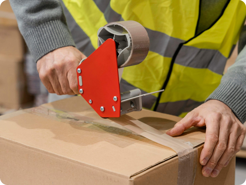 Un déménageur en hoodie rouge Déménagement WillGo déchargeant du matériel d’un camion près d’un immeuble résidentiel.