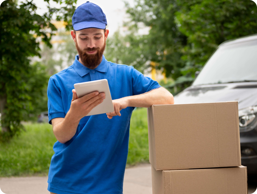 Two movers in blue overalls and white caps carefully loading boxes labeled "Fragile" into a van.