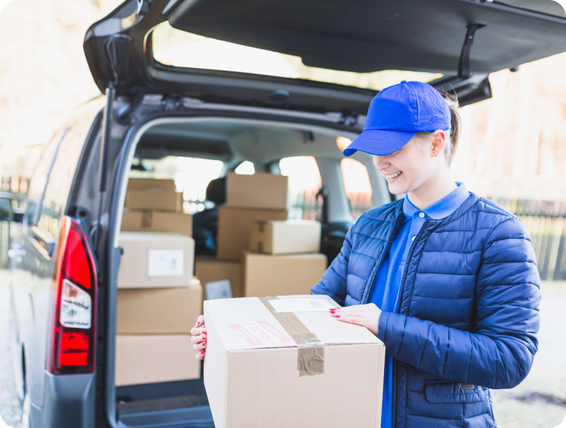 Deux déménageurs en combinaison bleue et casquette blanche chargeant soigneusement des cartons étiquetés "Fragile" dans une camionnette.