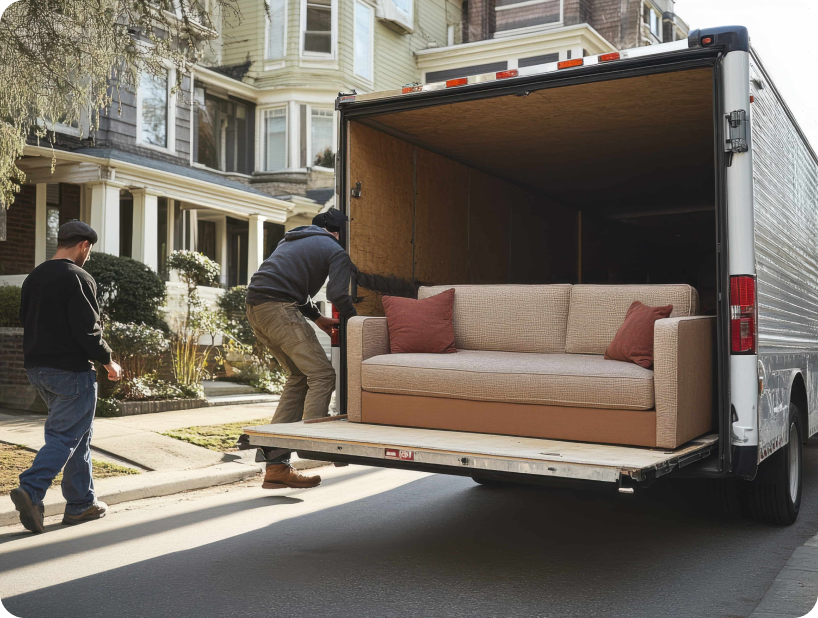 Deux déménageurs en combinaison bleue et casquette blanche chargeant soigneusement des cartons étiquetés "Fragile" dans une camionnette.
