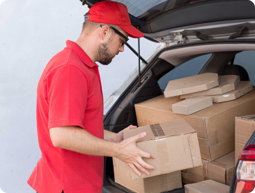Un déménageur en hoodie rouge Déménagement WillGo déchargeant du matériel d’un camion près d’un immeuble résidentiel.