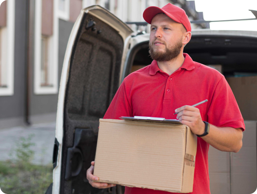 Deux déménageurs en combinaison bleue et casquette blanche chargeant soigneusement des cartons étiquetés "Fragile" dans une camionnette.