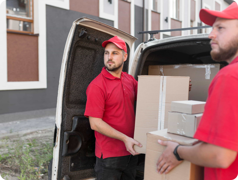 Un déménageur en hoodie rouge Déménagement WillGo déchargeant du matériel d’un camion près d’un immeuble résidentiel.