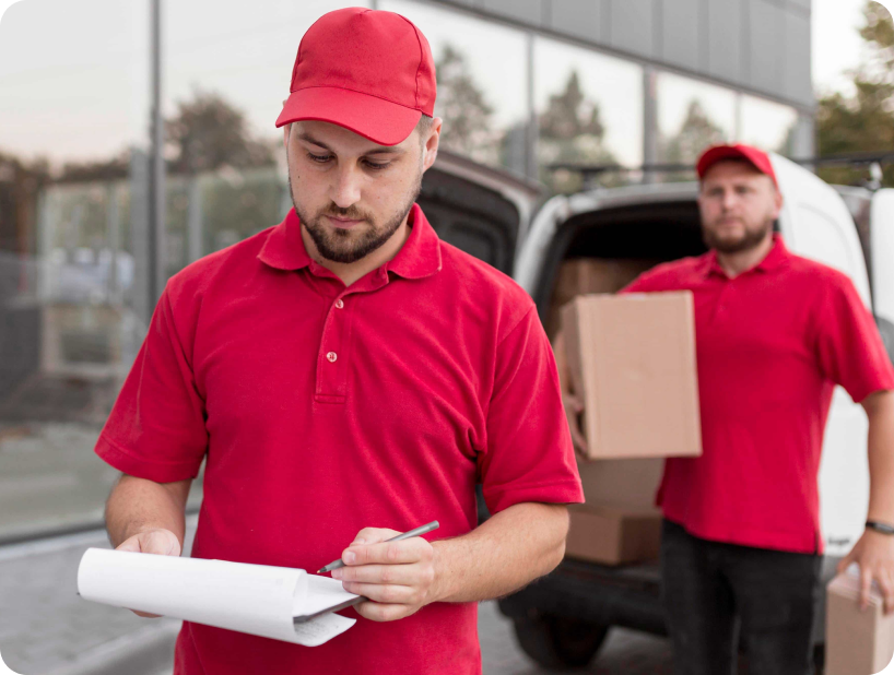 Deux déménageurs en combinaison bleue et casquette blanche chargeant soigneusement des cartons étiquetés "Fragile" dans une camionnette.