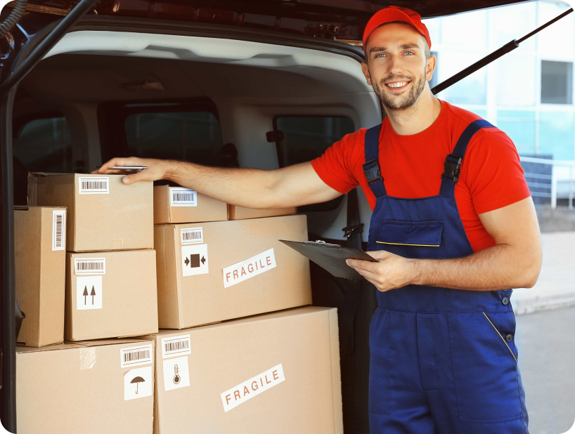 Un déménageur en hoodie rouge Déménagement WillGo déchargeant du matériel d’un camion près d’un immeuble résidentiel.
