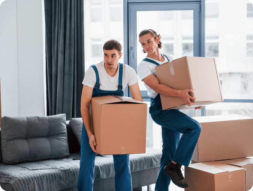 Deux déménageurs en combinaison bleue et casquette blanche chargeant soigneusement des cartons étiquetés "Fragile" dans une camionnette.