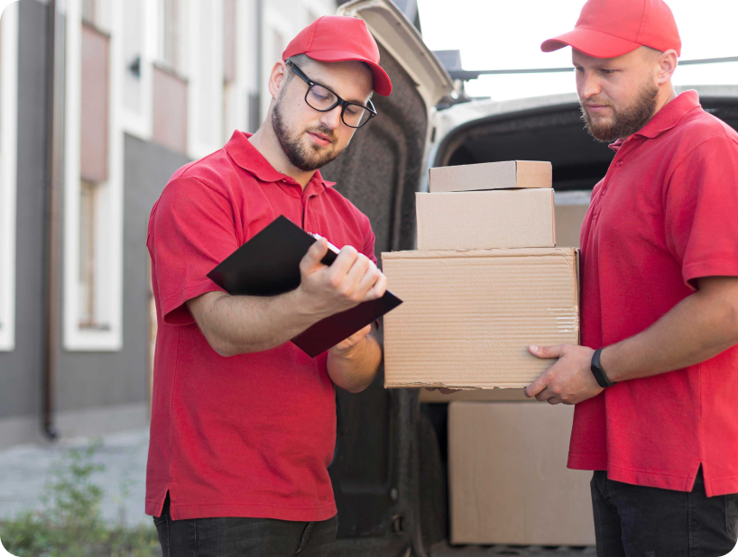 Deux déménageurs en combinaison bleue et casquette blanche chargeant soigneusement des cartons étiquetés "Fragile" dans une camionnette.