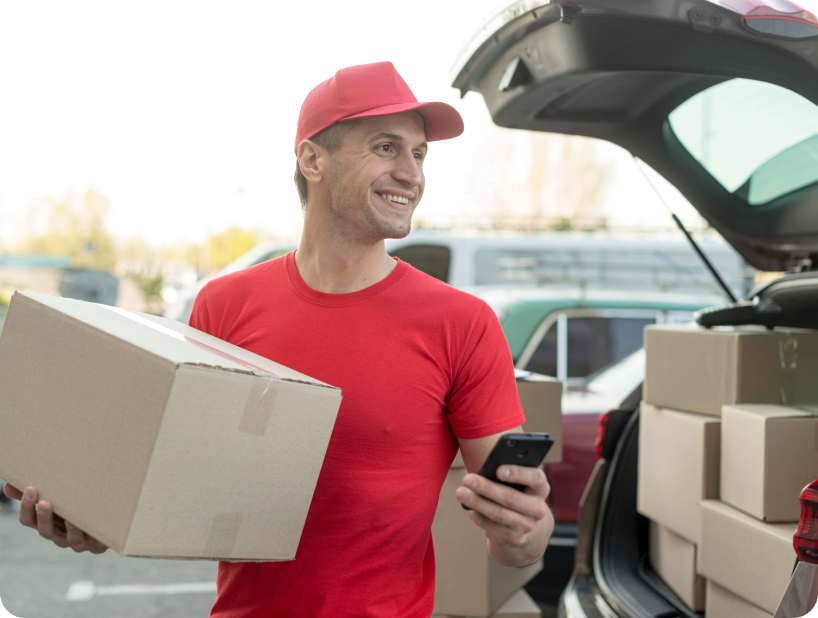 Deux déménageurs en combinaison bleue et casquette blanche chargeant soigneusement des cartons étiquetés "Fragile" dans une camionnette.