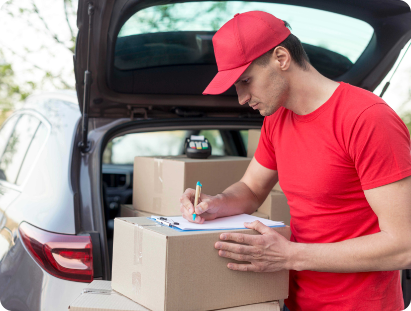Deux déménageurs en combinaison bleue et casquette blanche chargeant soigneusement des cartons étiquetés "Fragile" dans une camionnette.