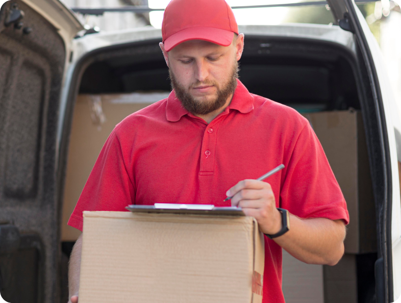 Un déménageur en hoodie rouge Déménagement WillGo déchargeant du matériel d’un camion près d’un immeuble résidentiel.