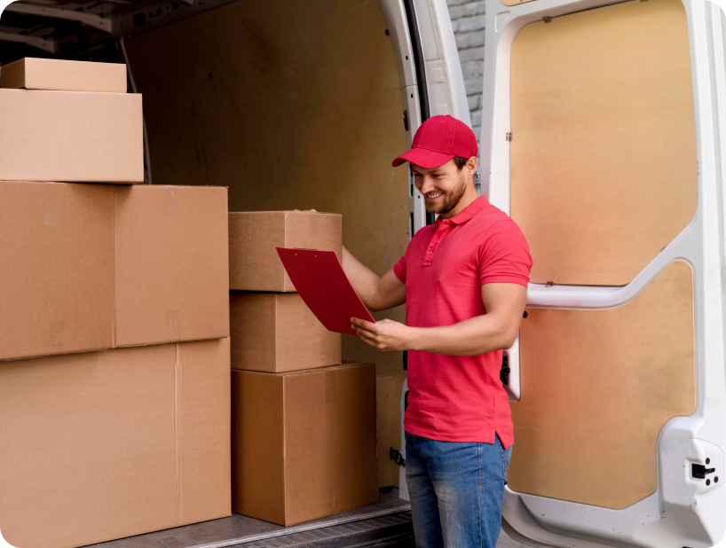 Un déménageur en hoodie rouge Déménagement WillGo déchargeant du matériel d’un camion près d’un immeuble résidentiel.