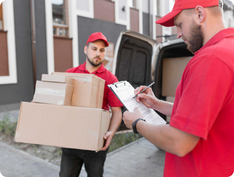 Un déménageur en hoodie rouge Déménagement WillGo déchargeant du matériel d’un camion près d’un immeuble résidentiel.