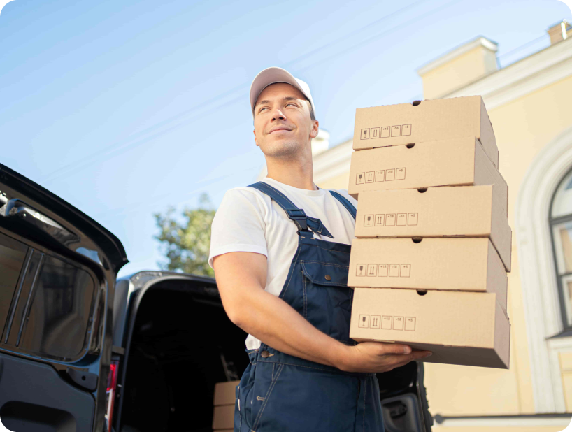 Homme en salopette bleue porte cinq boîtes empilées devant une camionnette de livraison stationnée en extérieur.