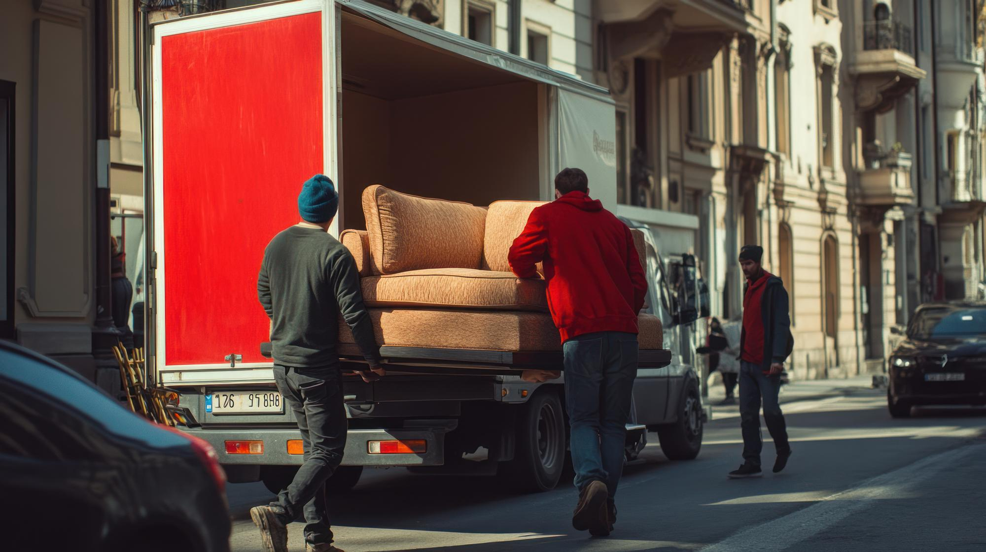Compagnie de déménagement à Montréal — deux déménageurs qui chargent un sofa dans un camion en rue. 