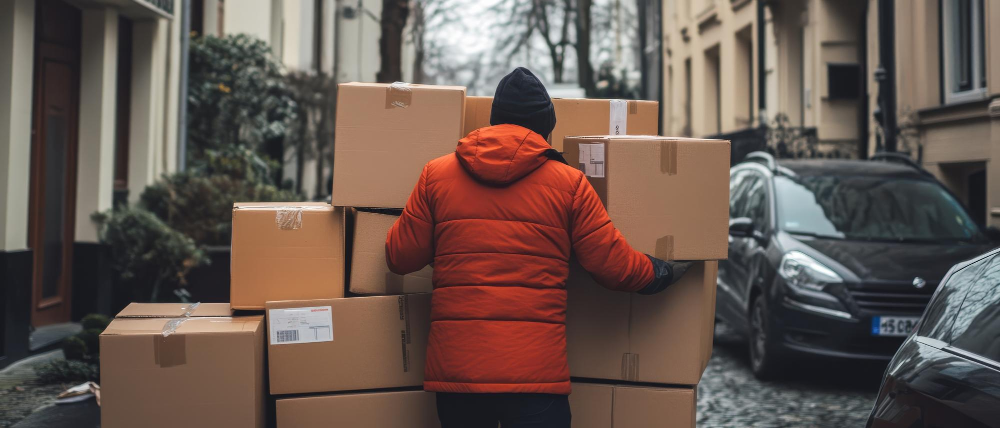 Personne en veste orange qui transporte une pile de boîtes de déménagement sur un trottoir.