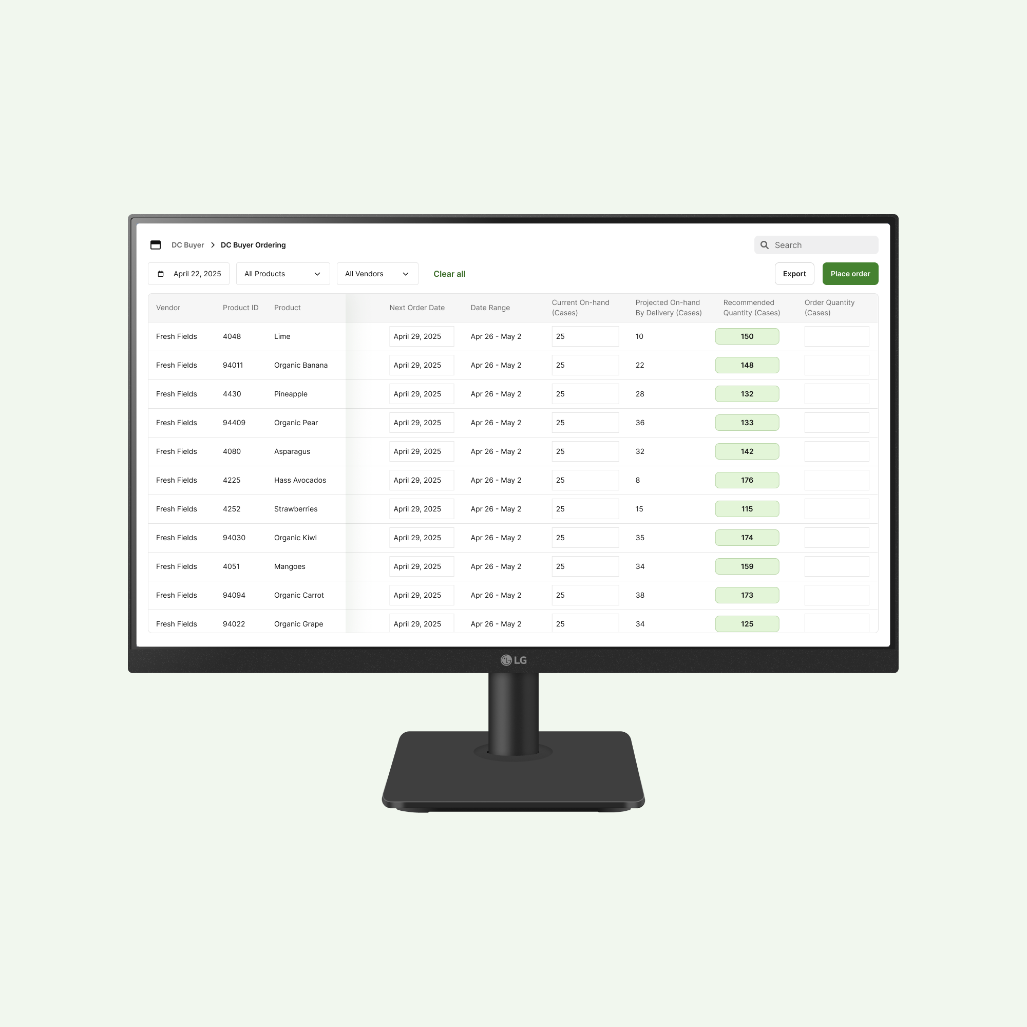 Fresh food ordering app on a tablet screen for grocery stores using Guac AI’s solutions.