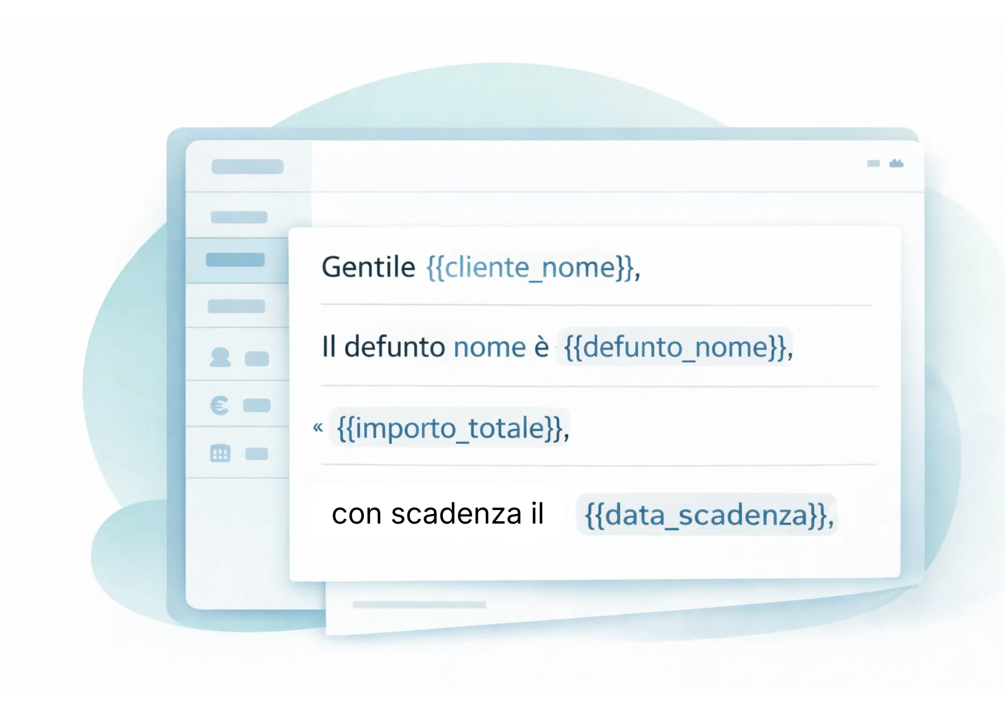 Schermata di un modello di comunicazione dinamica con segnaposto per nome cliente, nome defunto, importo totale e data di scadenza in italiano.