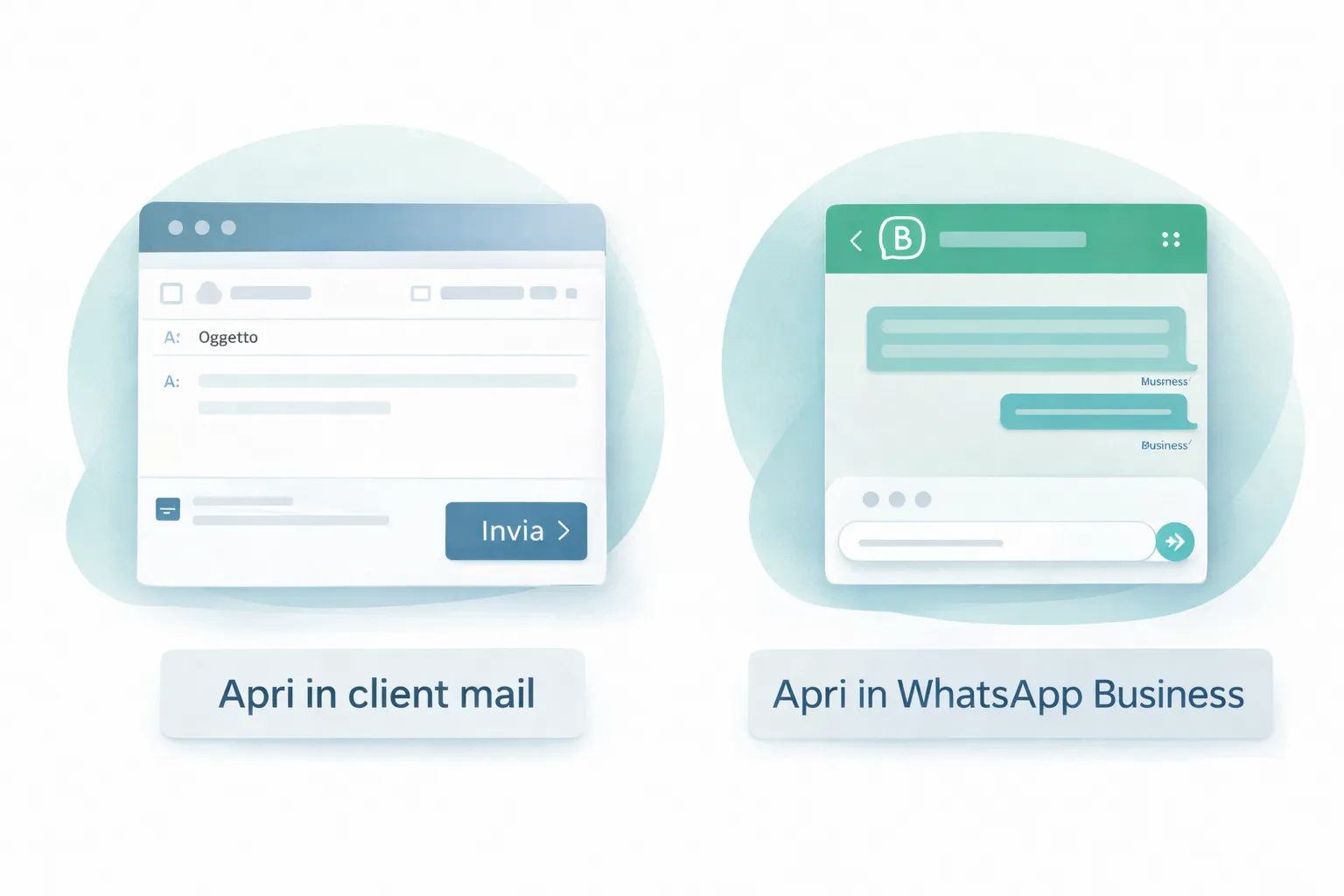 Interfacce di esempio per aprire un messaggio in un client di posta elettronica a sinistra e in WhatsApp Business a destra.