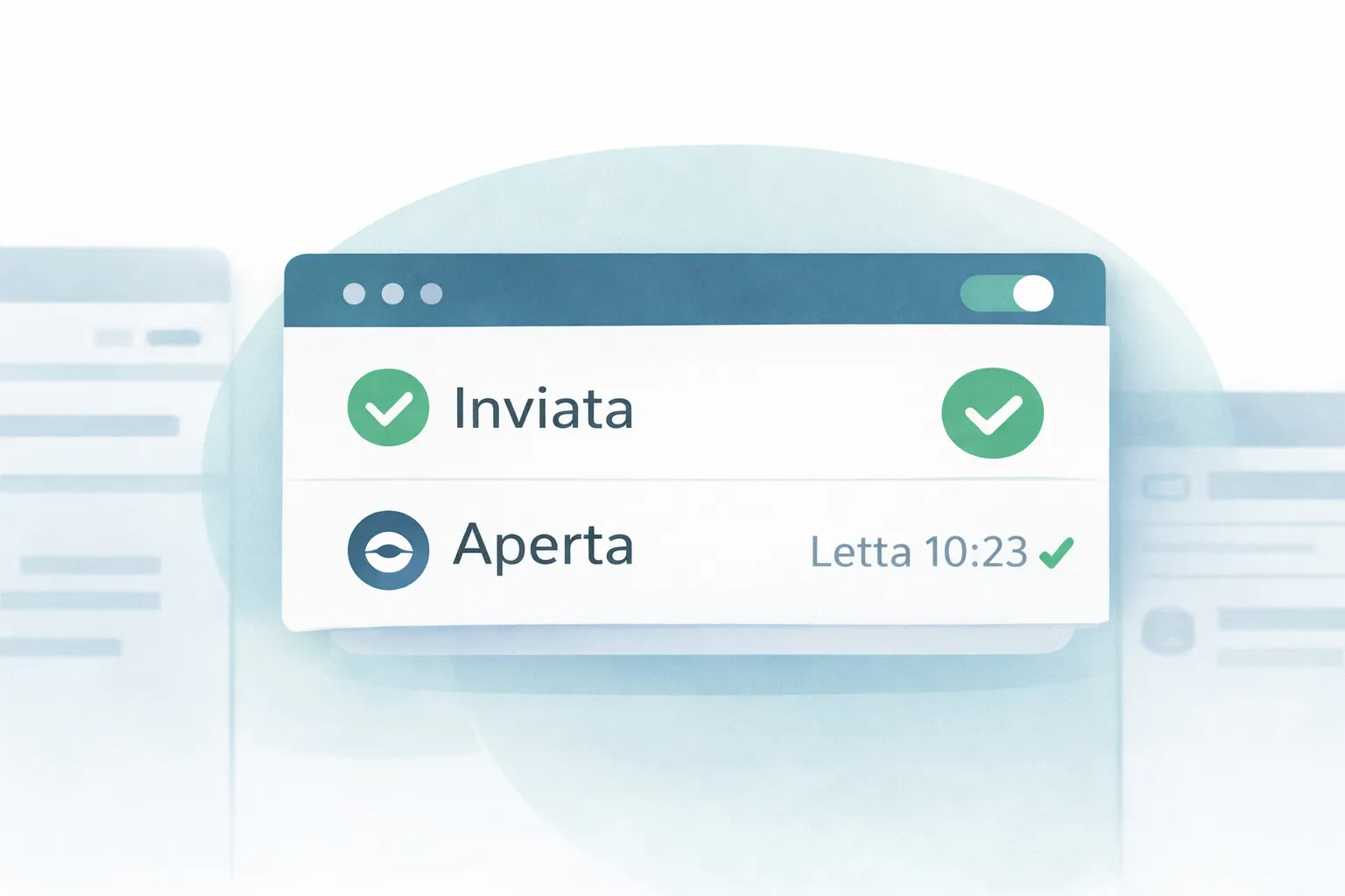 Interfaccia che mostra due stati di una comunicazione email: 'Inviata' con spunta verde e 'Aperta' con orario di lettura alle 10:23.