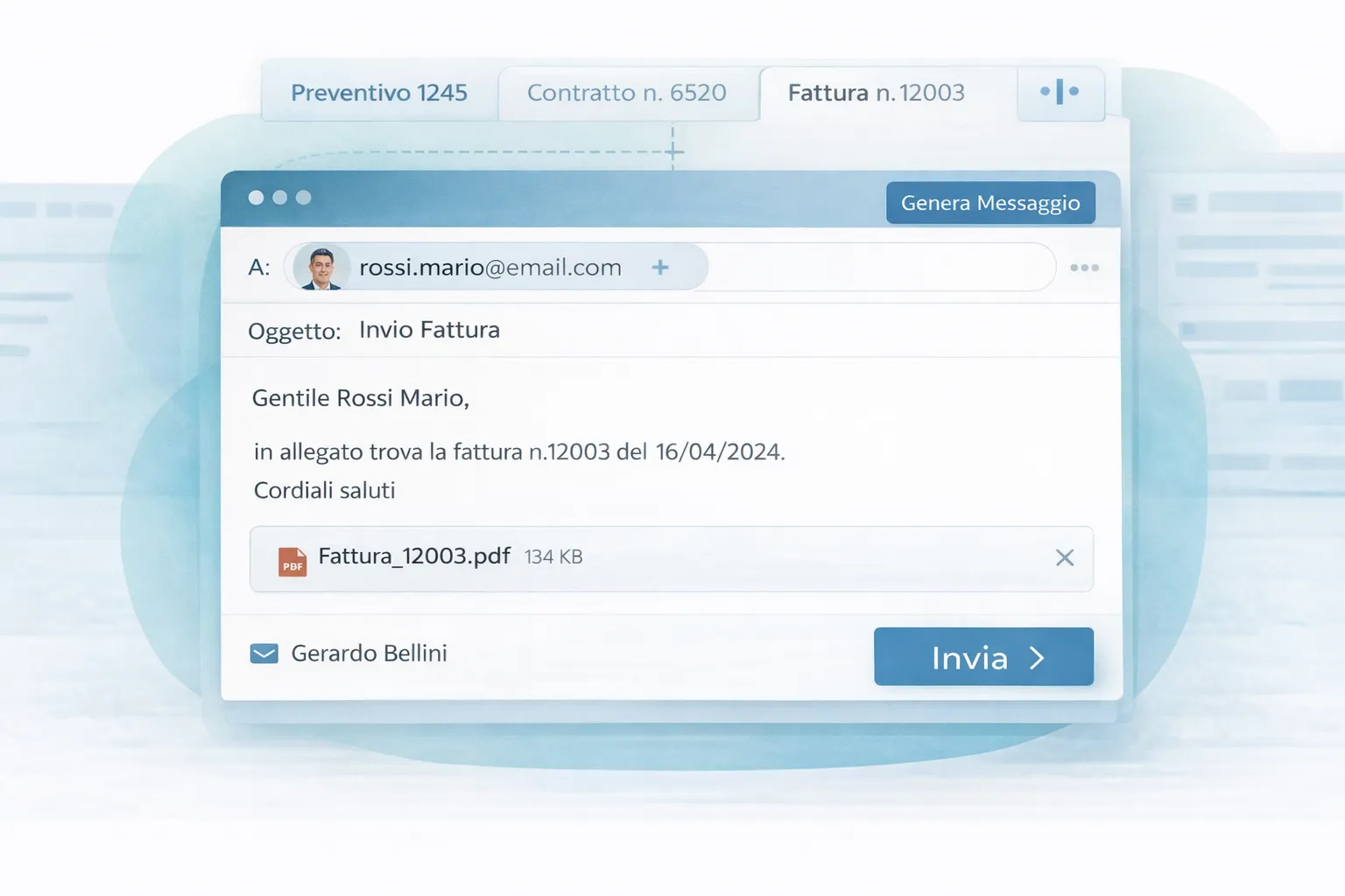 Interfaccia di messaggio email con oggetto Invio Fattura, indirizzato a rossi.mario@email.com, allegato file PDF Fattura_12003.pdf e pulsante Invia.