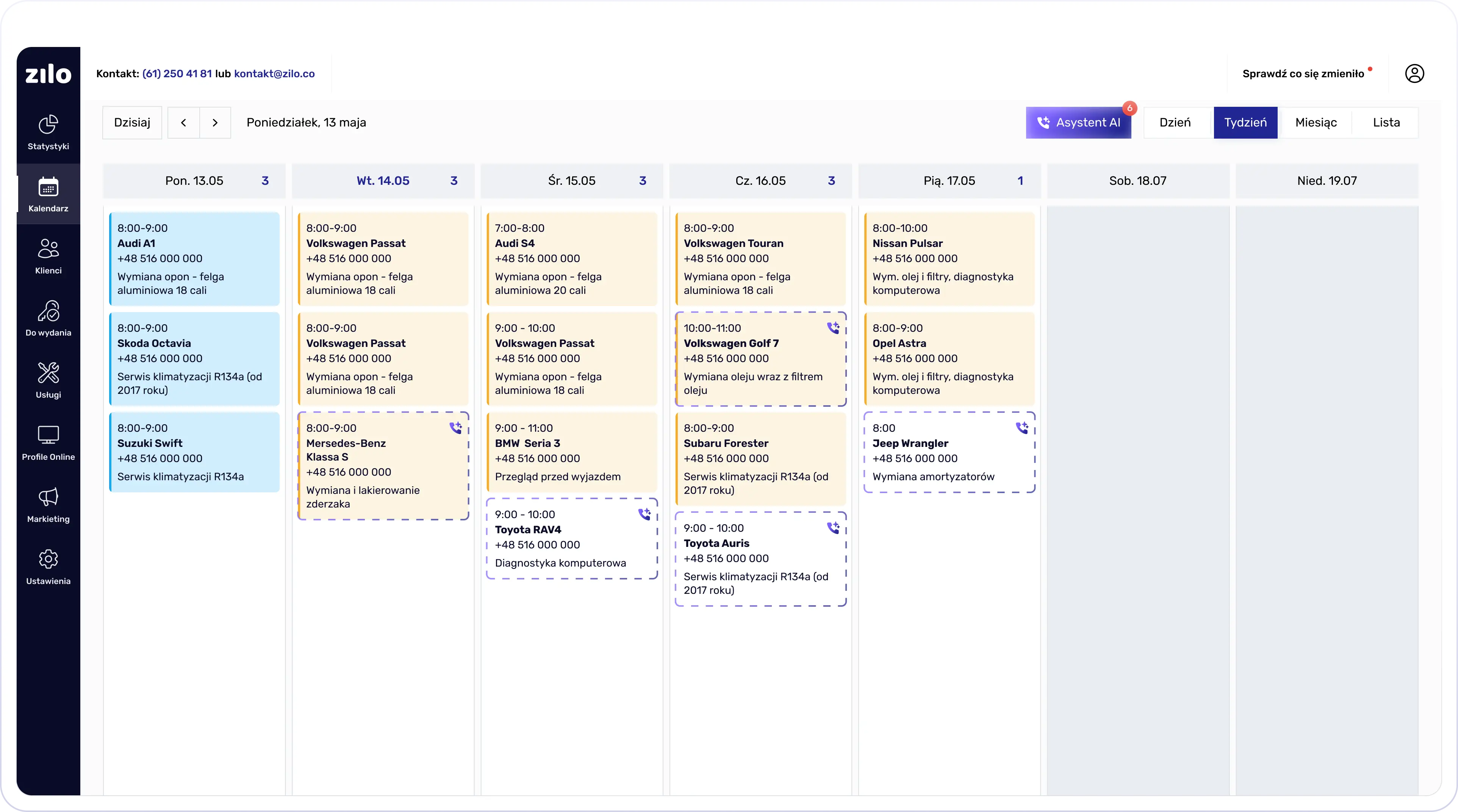 Widok terminarza w programie dla warsztatów Zilo