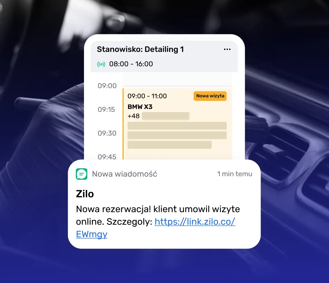 Przykładowe powiadomienie o nowej wizycie umówionej online wysłanej do właściciela warsztatu