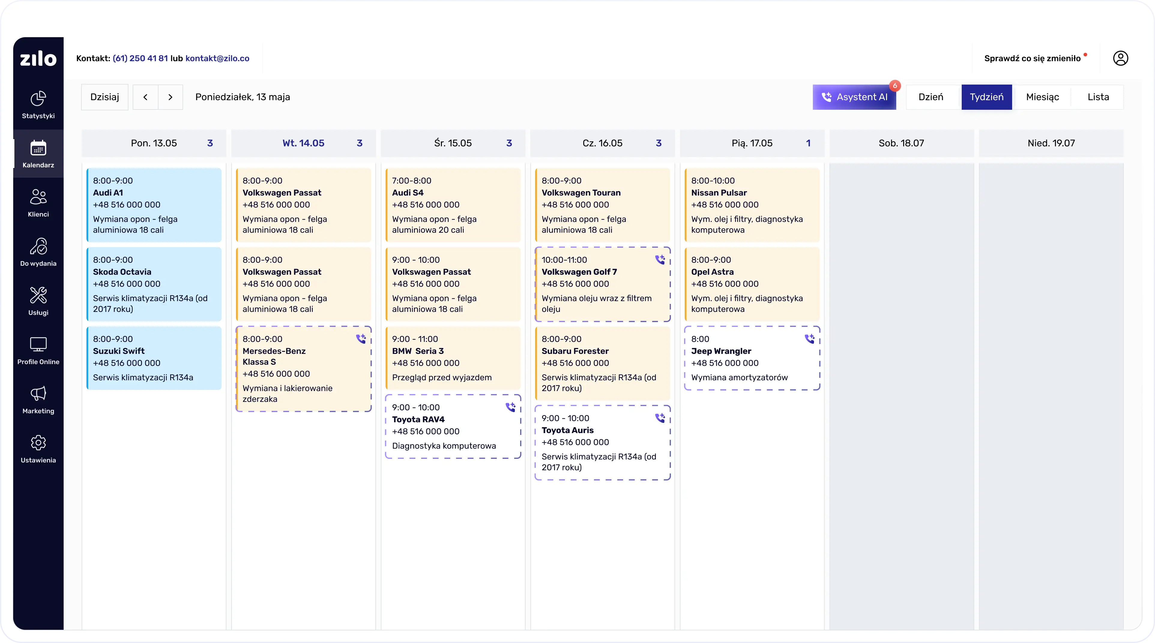 Widok terminarza w programie dla warsztatów Zilo