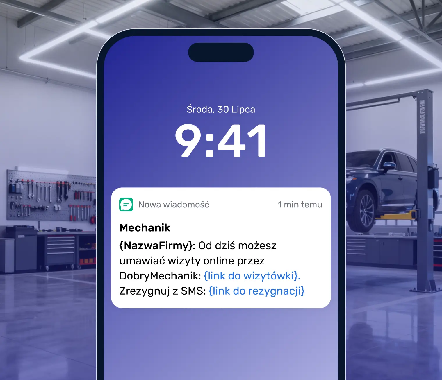 Przykładowe powiadomienie o nowej wizycie umówionej online wysłanej do właściciela warsztatu
