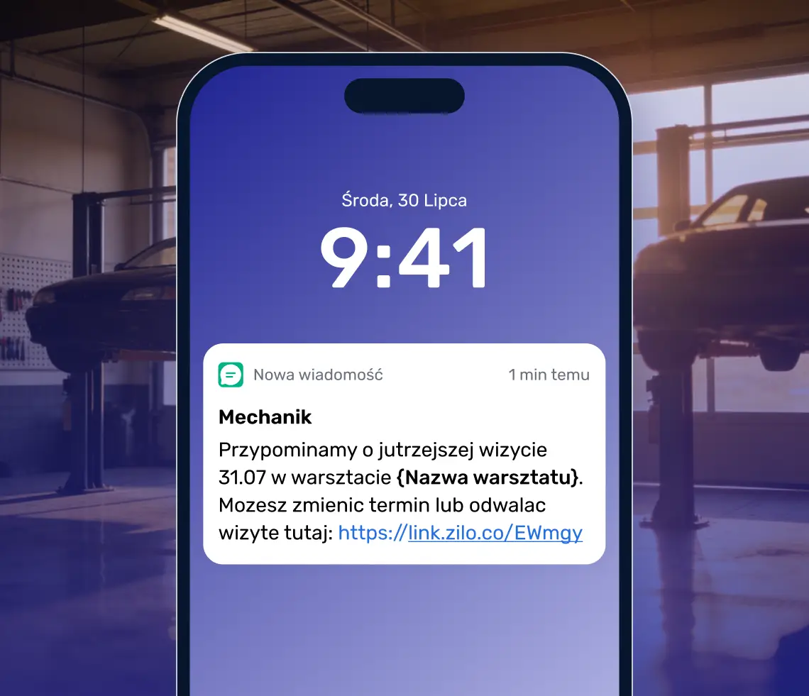 Przykładowe powiadomienie o nowej wizycie umówionej online wysłanej do właściciela warsztatu