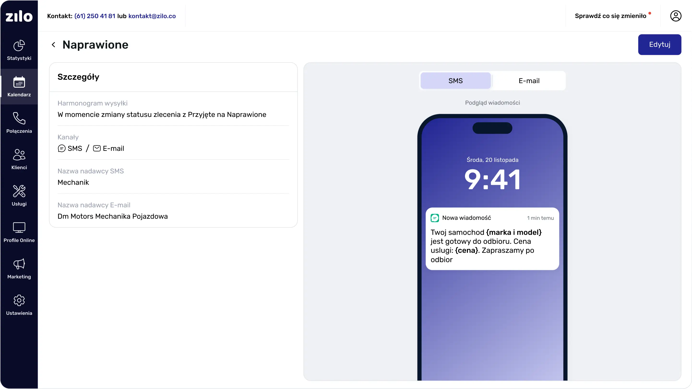 Powiadomienia SMS do klientów o statusie naprawy w Zilo
