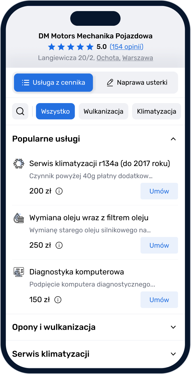 Umawianie online — widok mobilny