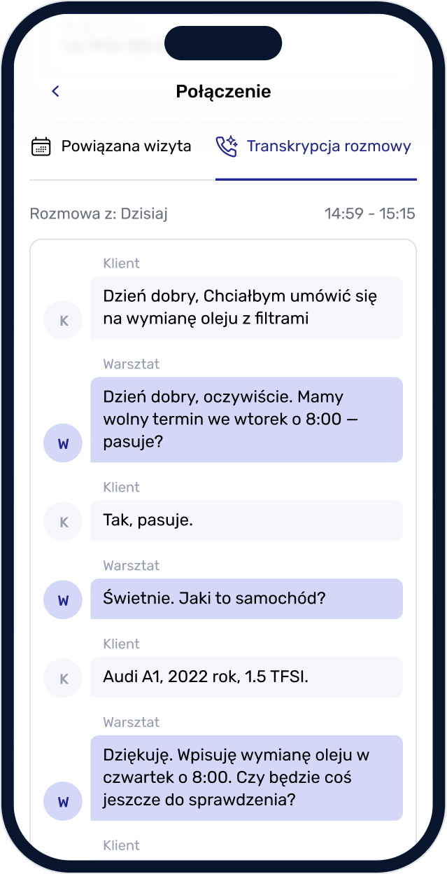 Zapis rozmowy — widok mobilny