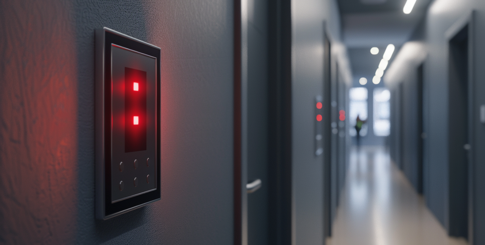 An intrusion alarm system installed in a building hallway