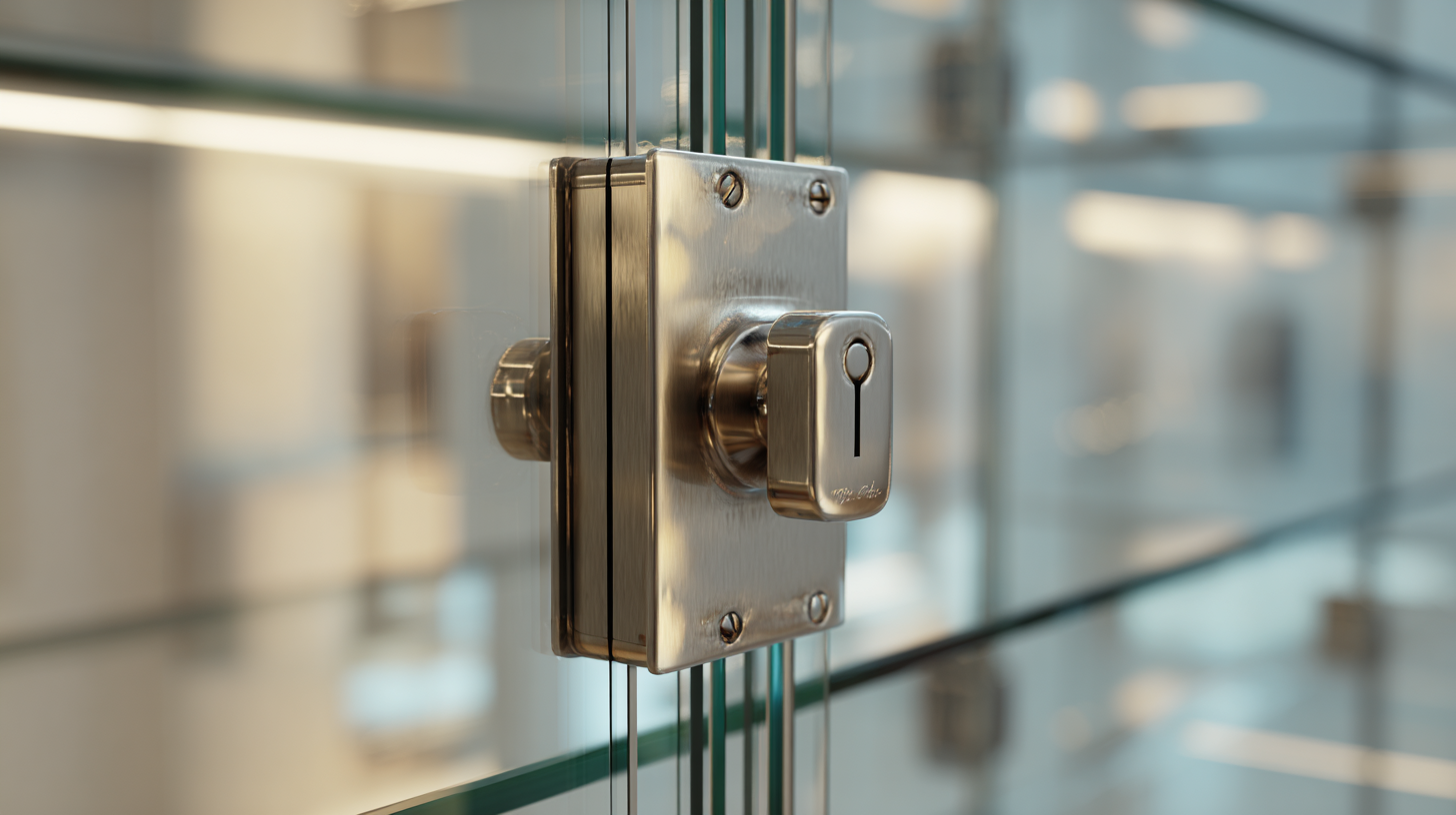 Close-up of a glass display cabinet with a mounted furniture lock