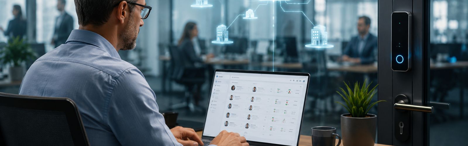 Facility Manager verwaltet digitale Zutrittsrechte über ein Laptop-Dashboard mit Cloud-Anbindung, Türleser und vernetzter Gebäudevisualisierung.
