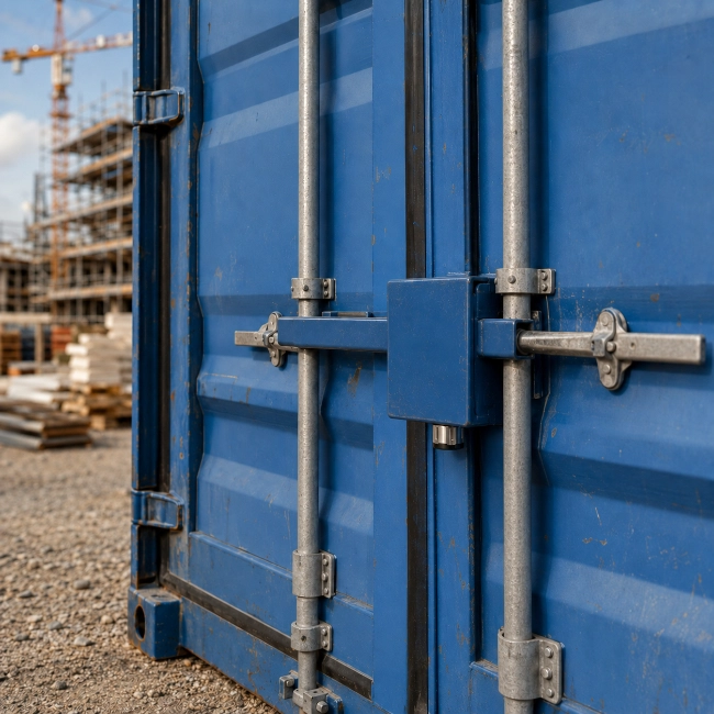 Digitales Containerschloss an einem ISO-Container zur sicheren Absicherung von Materialcontainern.