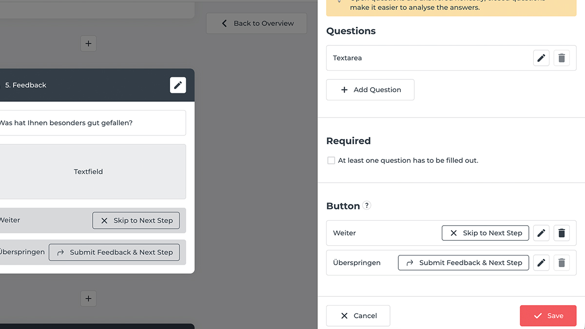 Screenshot des Chatbuilders dass den Einsatz des Skip-Buttons zeigt.