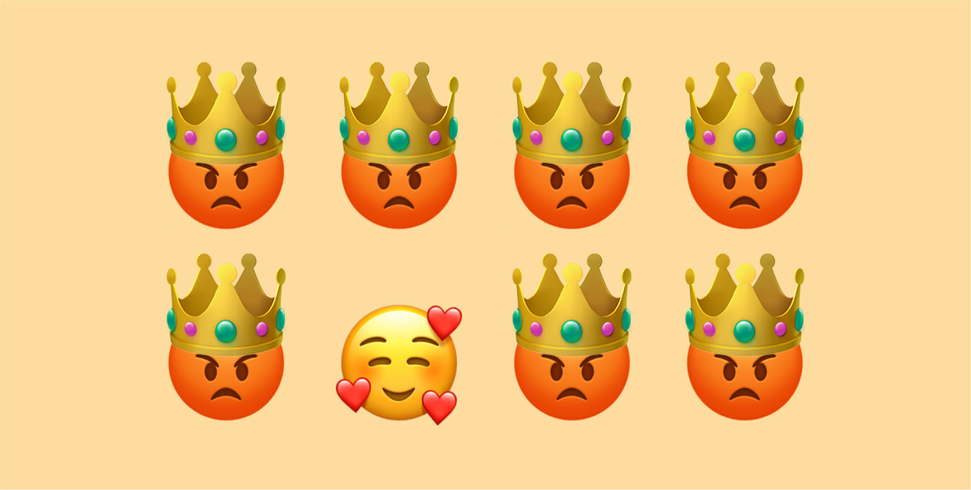 Unzufriedene Apple Emojis die eine Krone tragen.