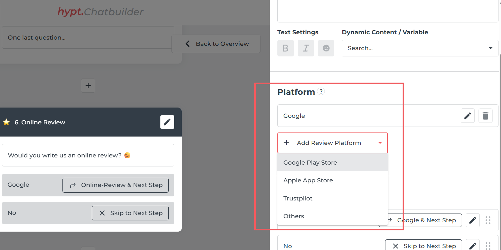 Review Plattformen können angewählt werden im Chatbuilder