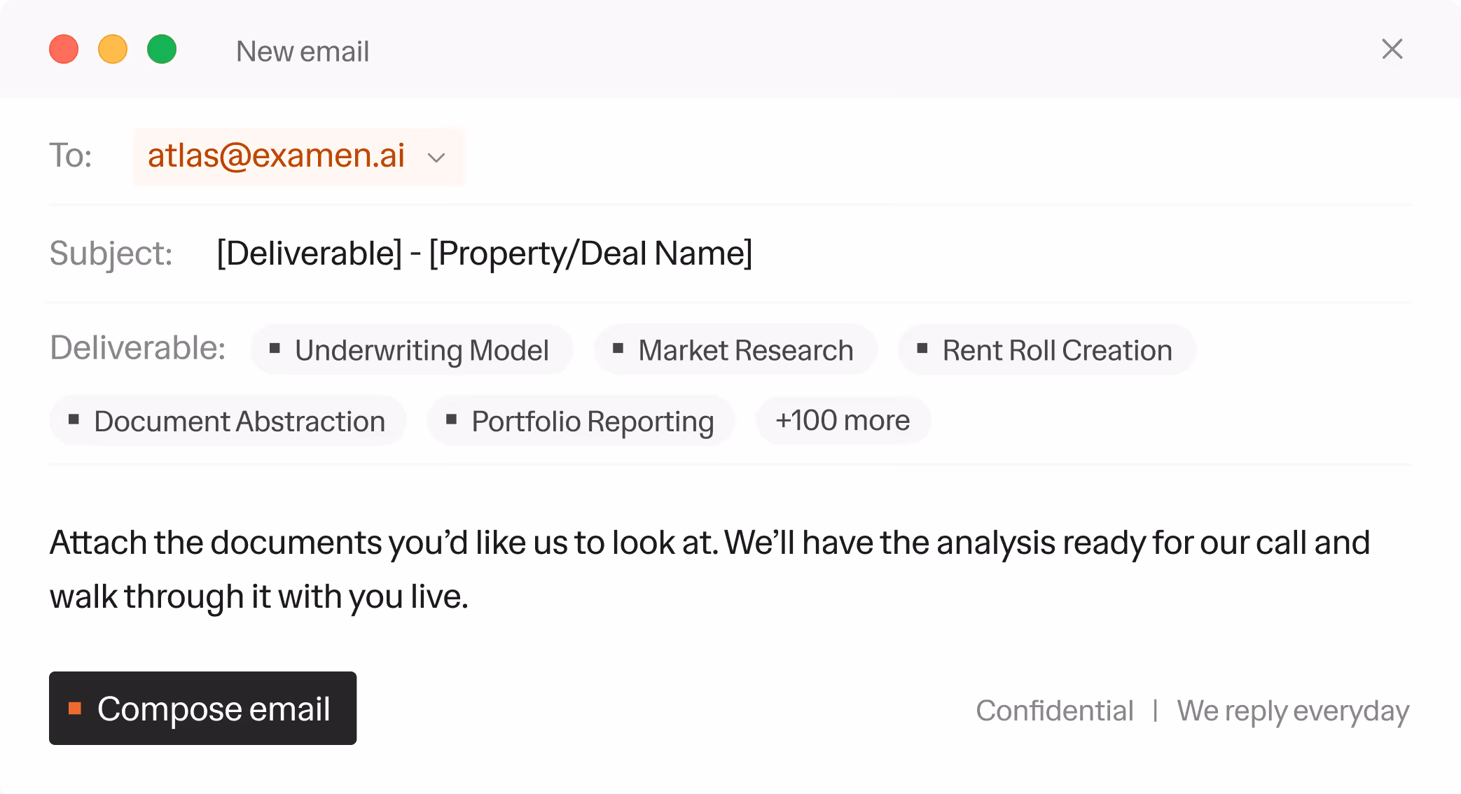 Email draft window with recipient atlas@examen.ai, subject placeholder, listed skills tags, and message asking to attach documents for analysis and live walkthrough.