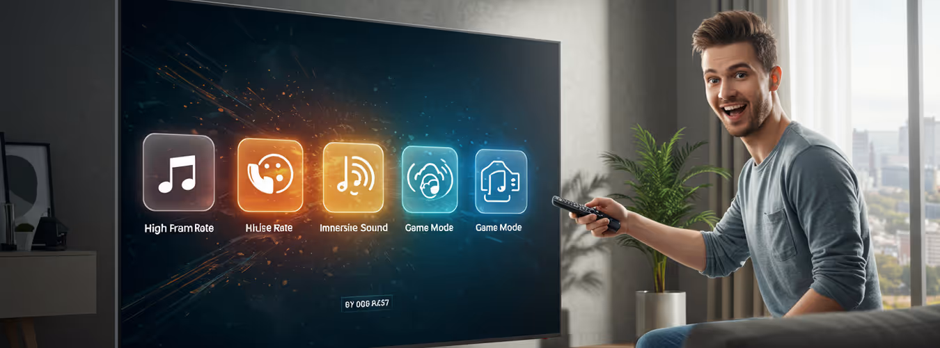 Homem animado segurando controle apontado para TV.