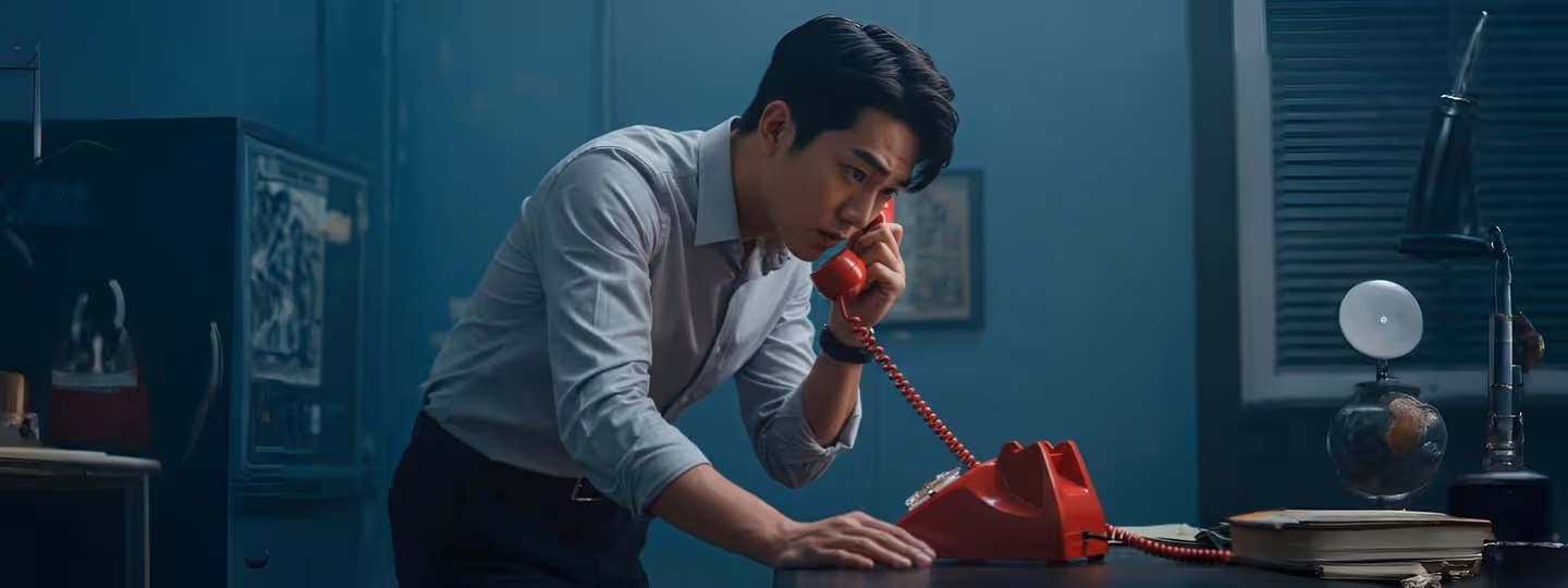 Homem sério atendendo telefone vermelho antigo em escritório retrô.
