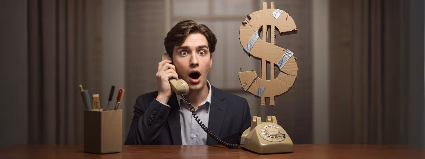 Homem chocado ao telefone com símbolo de dólar de papelão voando.
